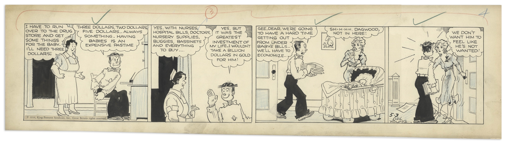 Chic Young Hand-Drawn ''Blondie'' Comic Strip From 1934 Titled ''Little Pilchers Have Big Ears'' -- Baby Dumpling Is Only 2 1/2 Weeks Old